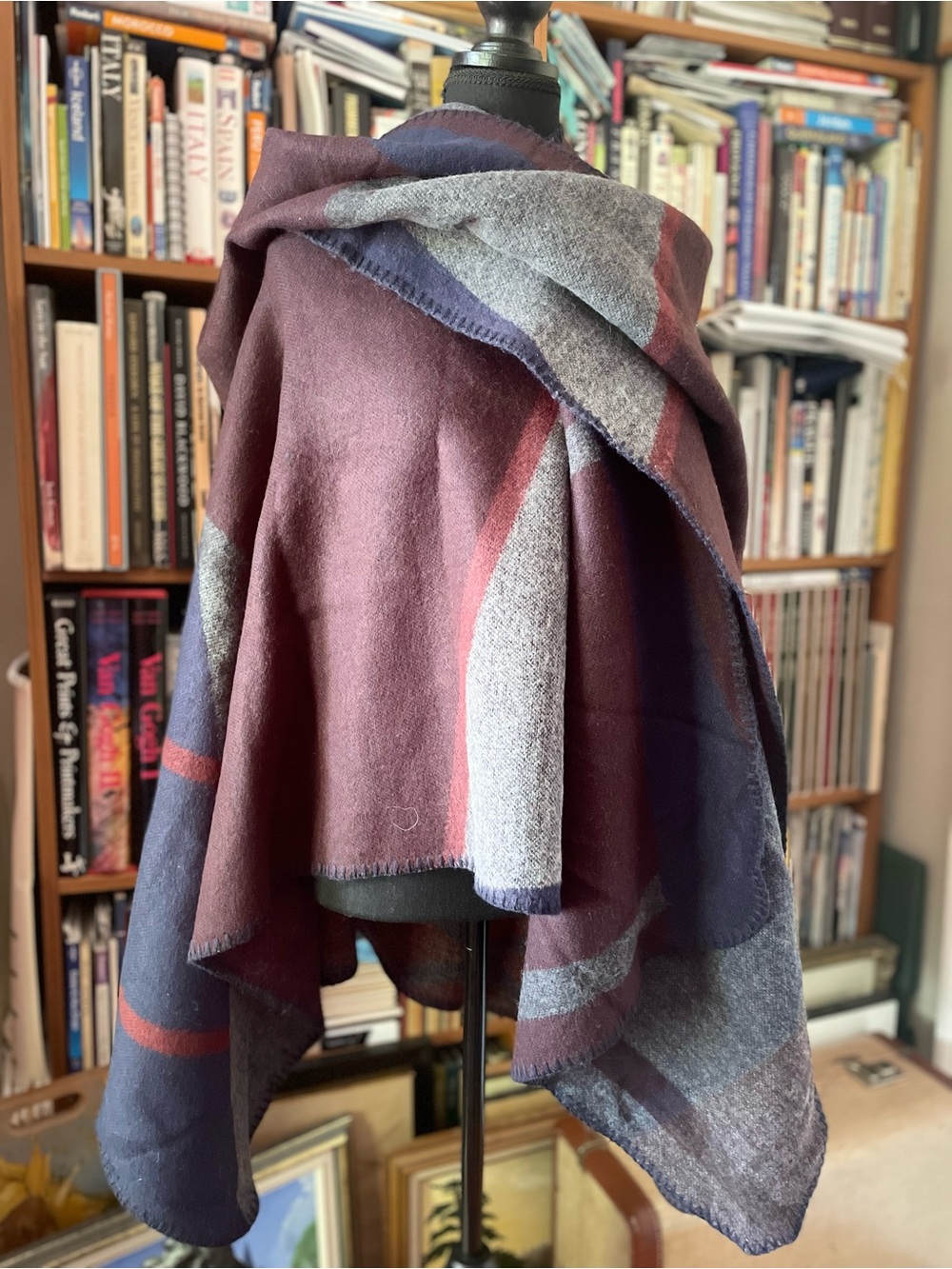 Roots Two-Tone Wrap Cape in Plum, Navy and Gray